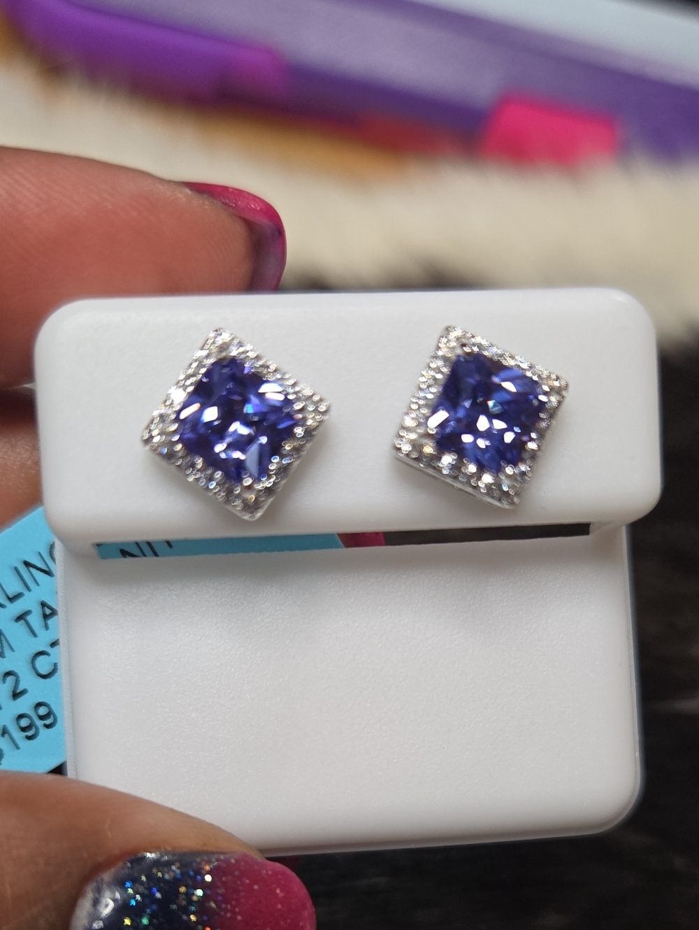 Tanzanite-Color Halo Stud Earrings - Sterling Silver 925